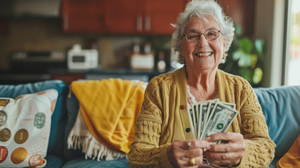 ältere Dame strahlt sitzend auf dem Sofa und hält die über Entlastungsleistungen erhaltenen Geldscheine in der Hand